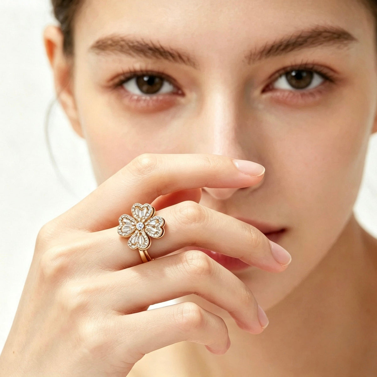 Gold double band open ring with round CZ crystal center stone and pavé accent