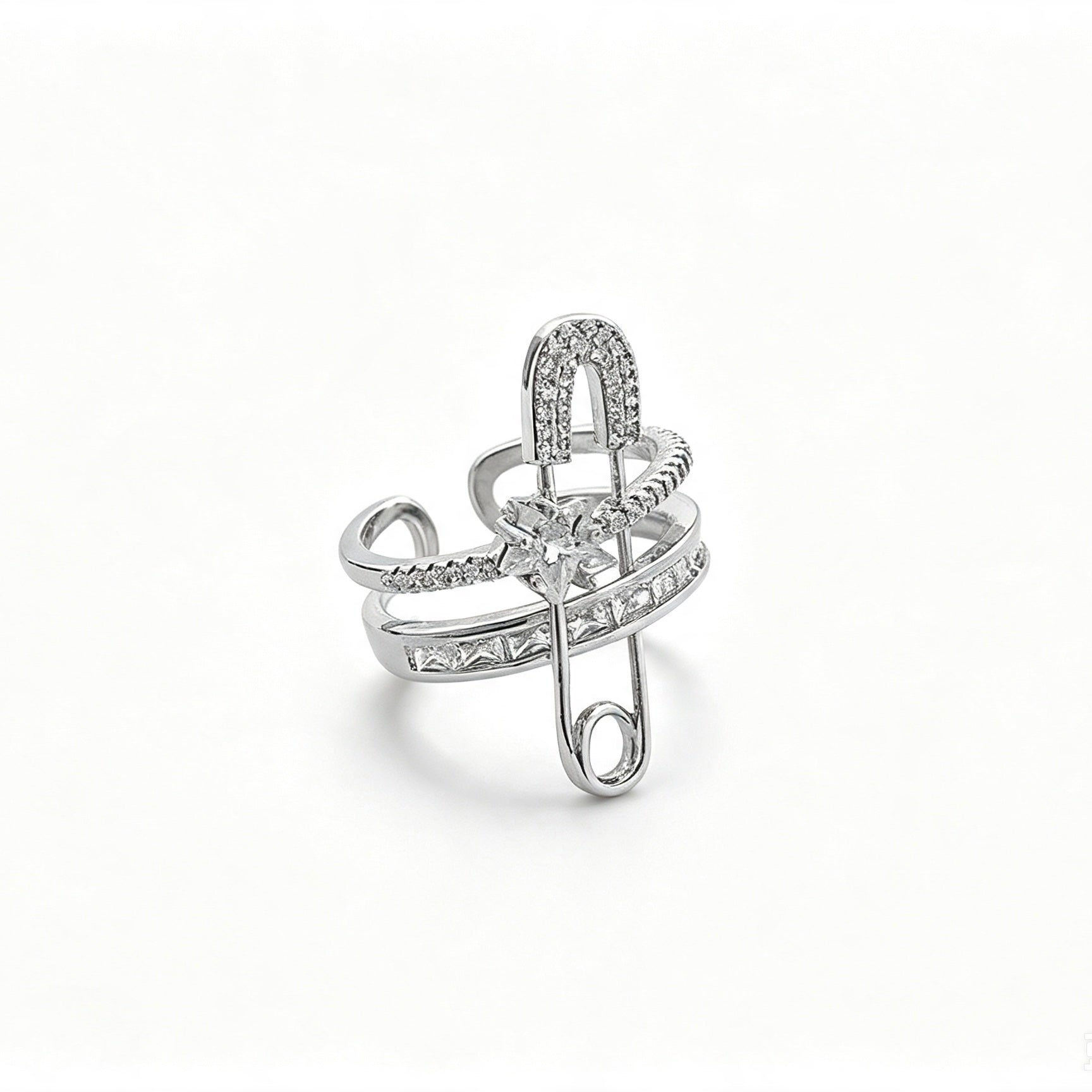 925 Sterling Silver Safety Pin Crystal Ring