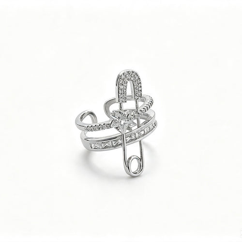 925 Sterling Silver Safety Pin Crystal Ring