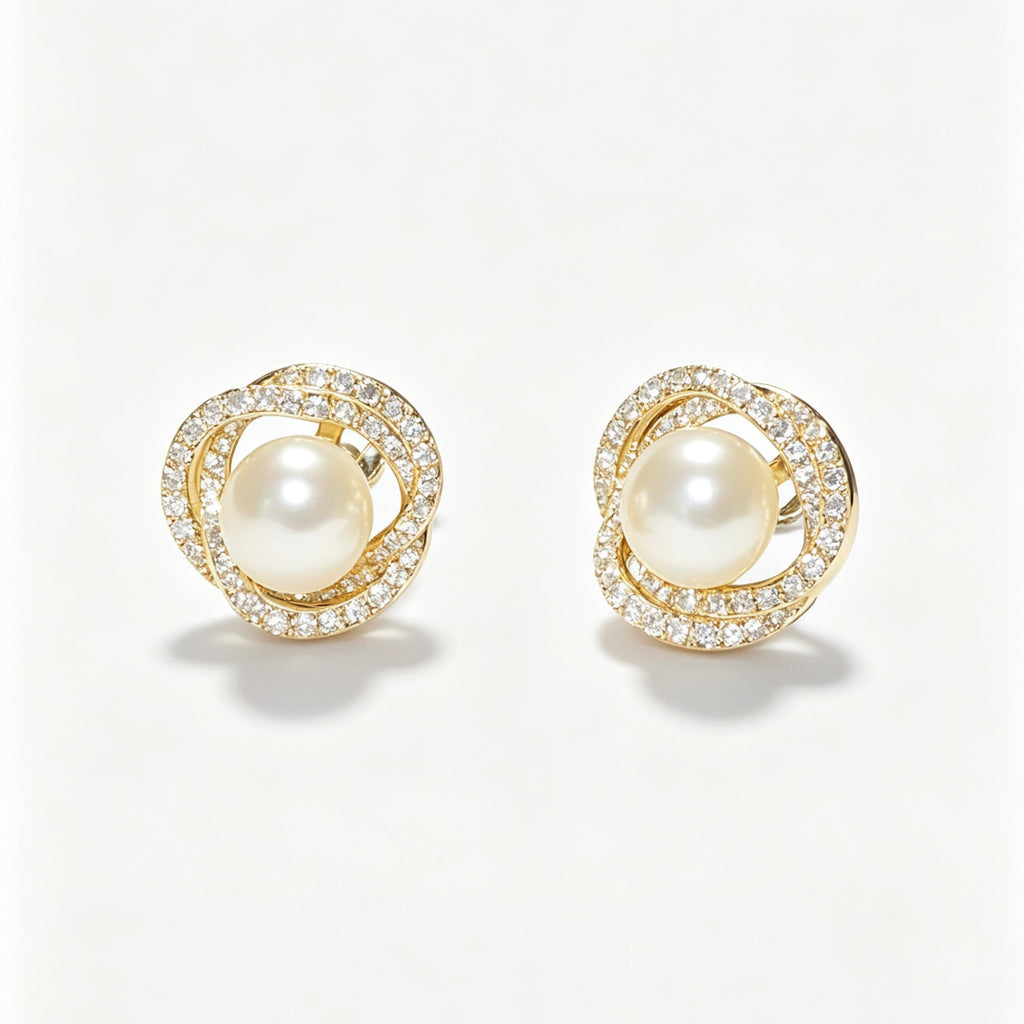 Pearl Crystal Swirl Stud Earrings in gold tone with freshwater pearl center