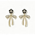 Pearl Crystal Bow Drop Earrings with black enamel flower stud and gold bow