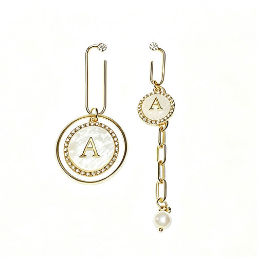 Asymmetric Initial Letter Drop Earrings with mother-of-pearl disc and pearl chain
