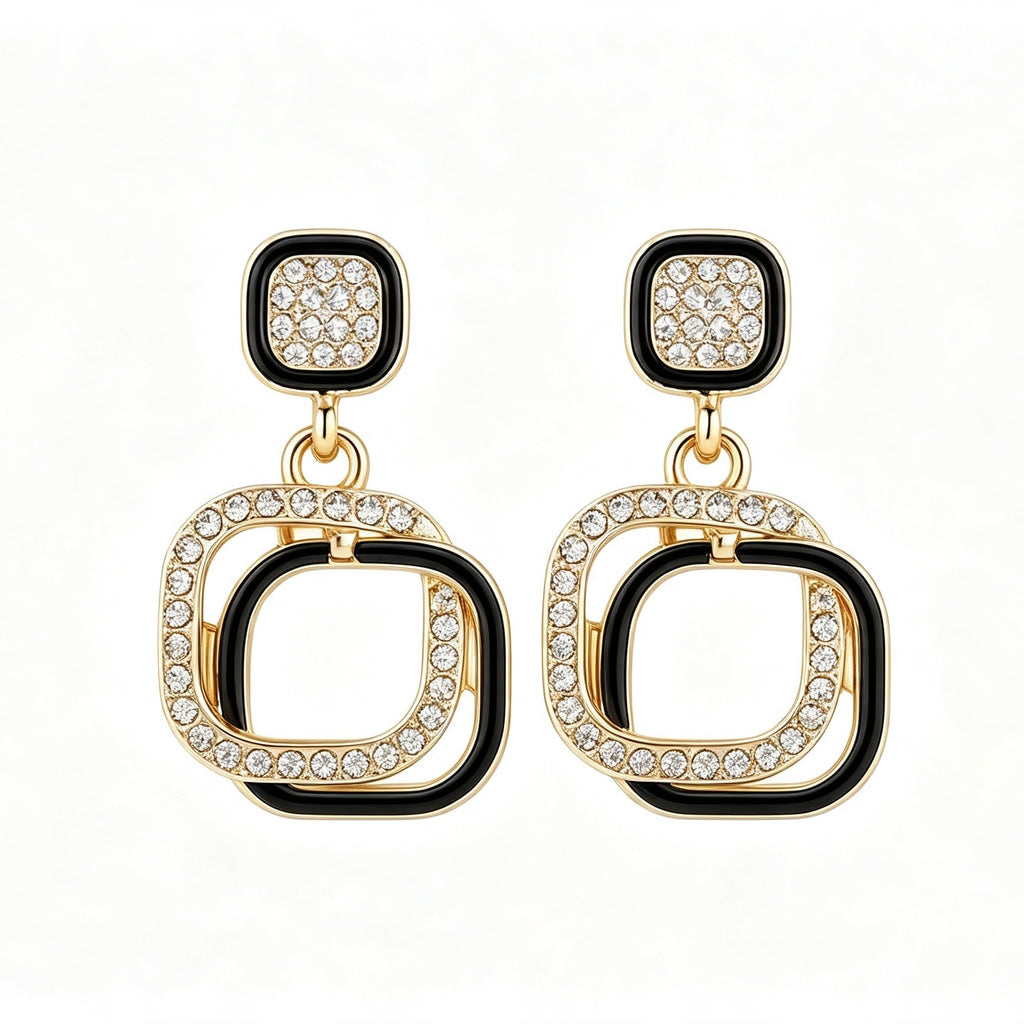 Black Enamel Crystal Square Drop Earrings with double geometric frame