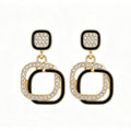 Black Enamel Crystal Square Drop Earrings with double geometric frame
