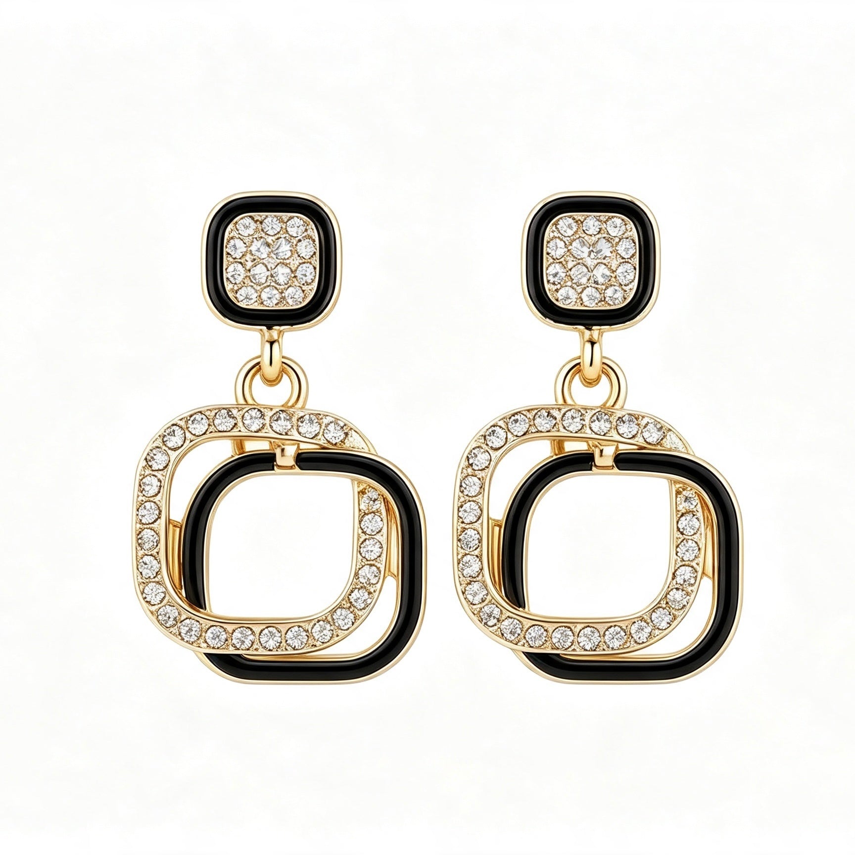 Black Enamel Crystal Square Drop Earrings with double geometric frame