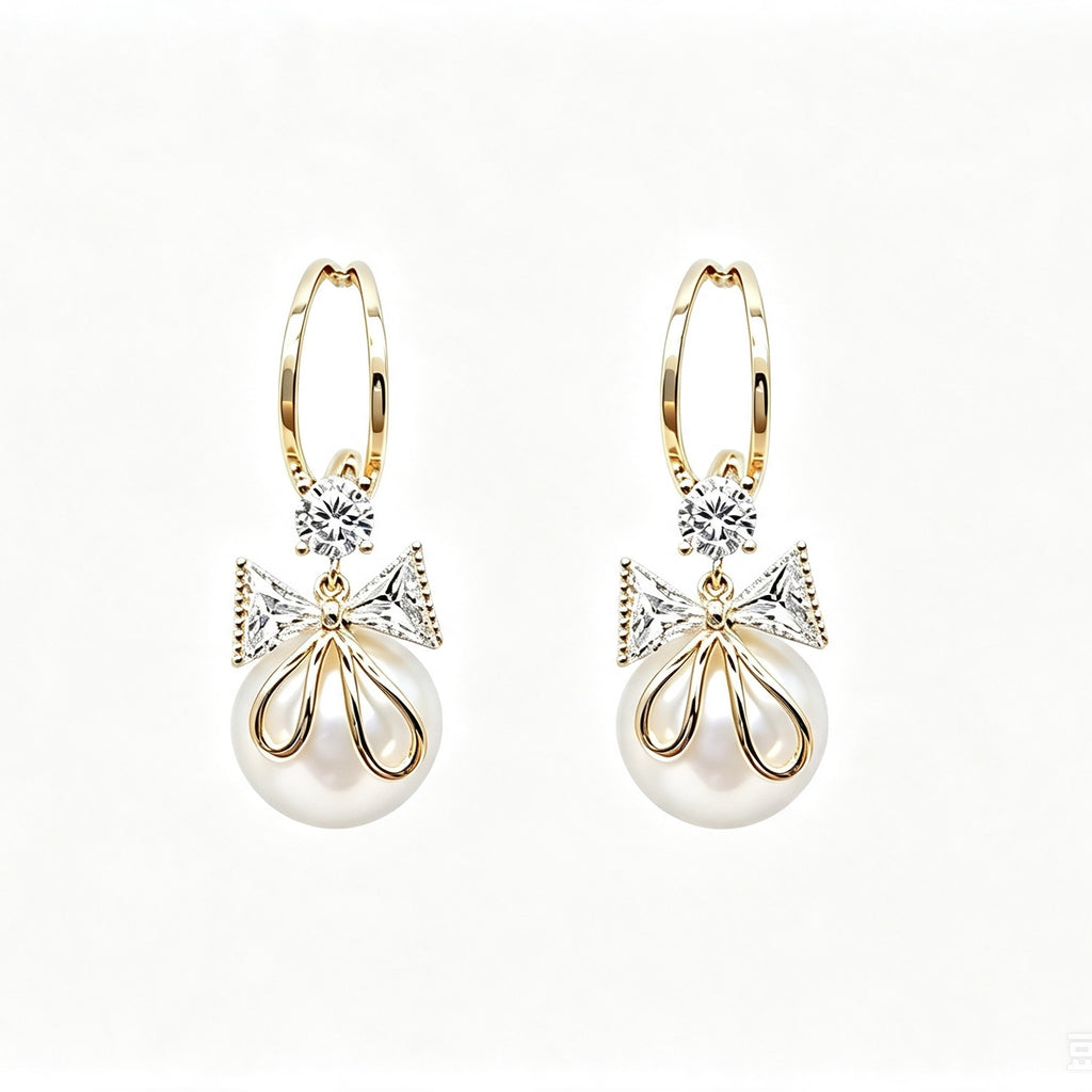 Crystal Bow Pearl Hoop Drop Earrings with zirconia bow and pearl drop