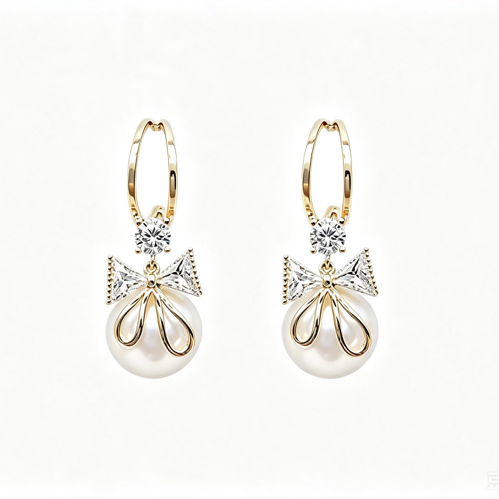 Crystal Bow Pearl Hoop Drop Earrings with zirconia bow and pearl drop