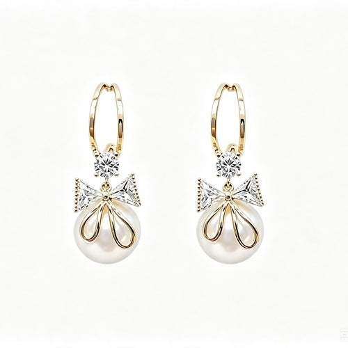 Crystal Bow Pearl Hoop Drop Earrings with zirconia bow and pearl drop
