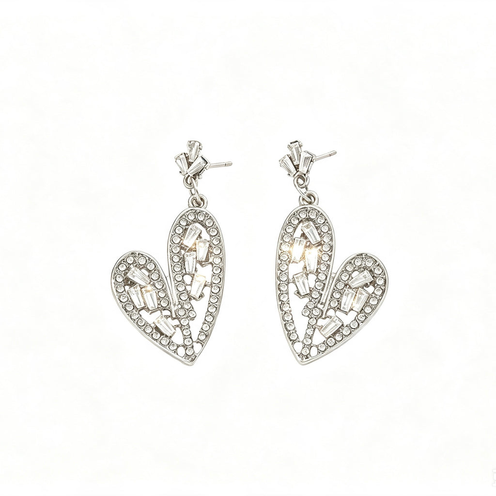 Silver Crystal Heart Drop Earrings with pavé border and baguette zirconia interior