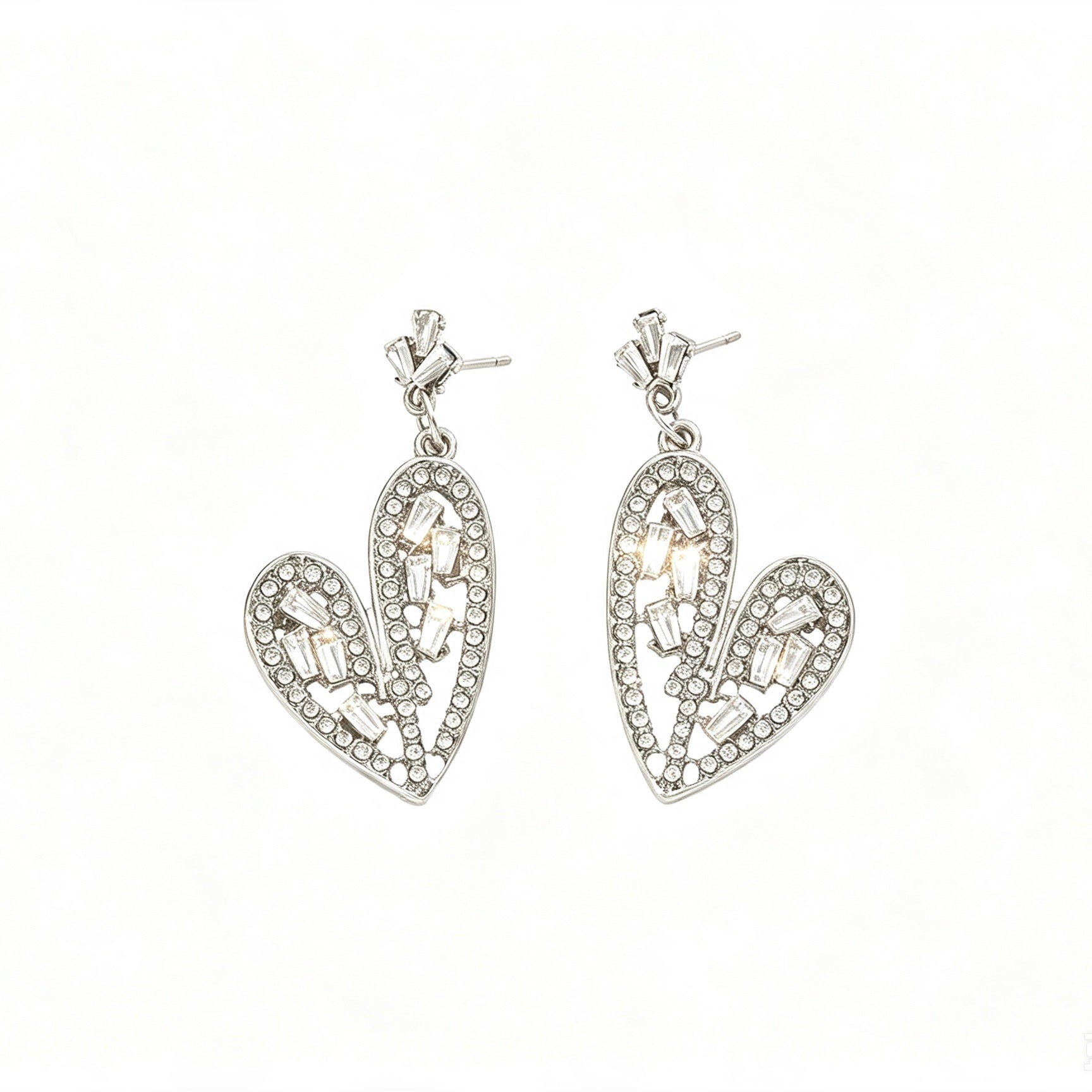 Silver Crystal Heart Drop Earrings with pavé border and baguette zirconia interior