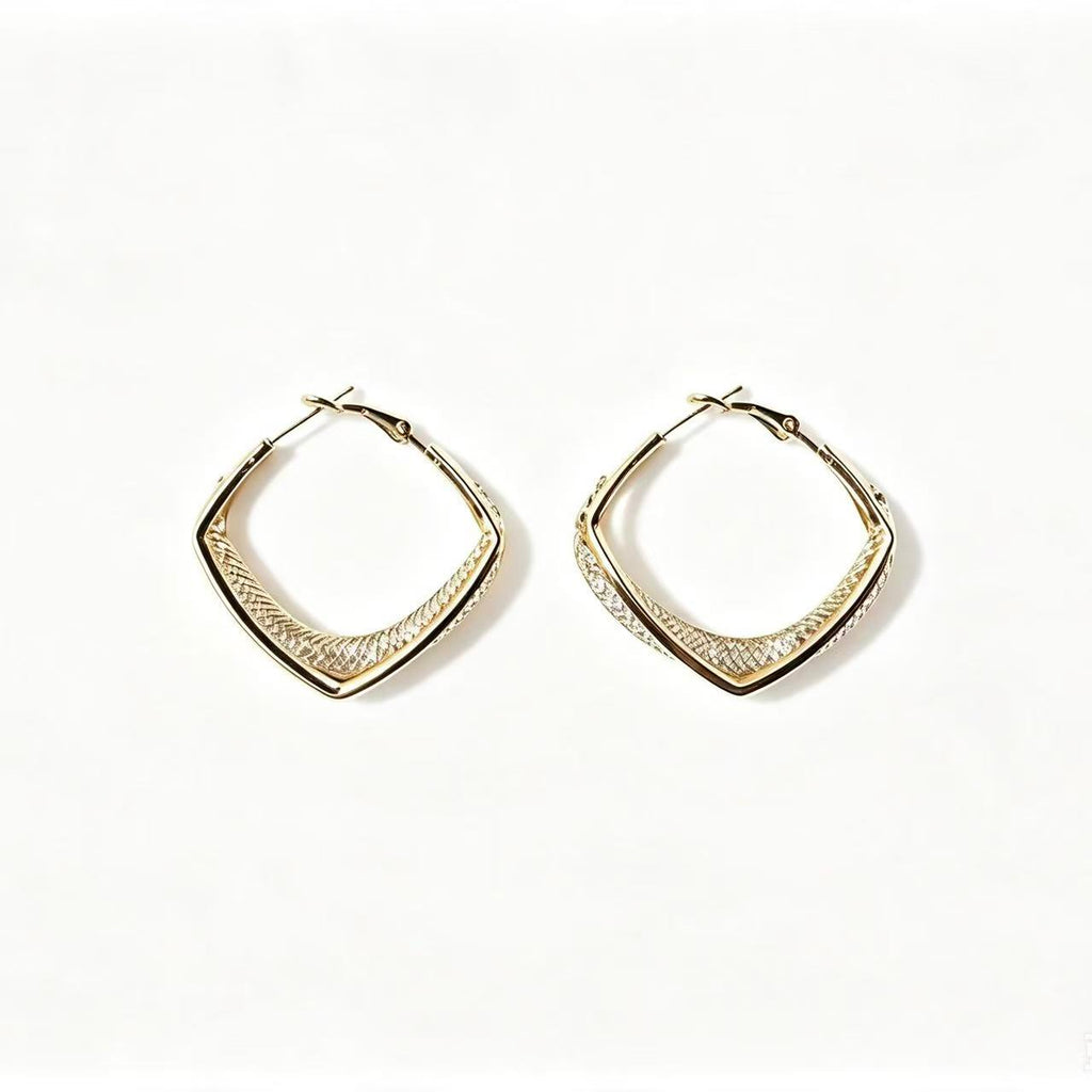 Gold Textured Square Hoop Earrings with crosshatch mesh interior