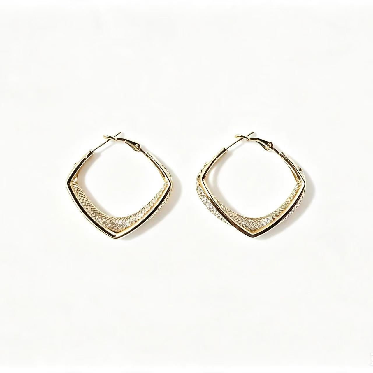 Gold Textured Square Hoop Earrings with crosshatch mesh interior