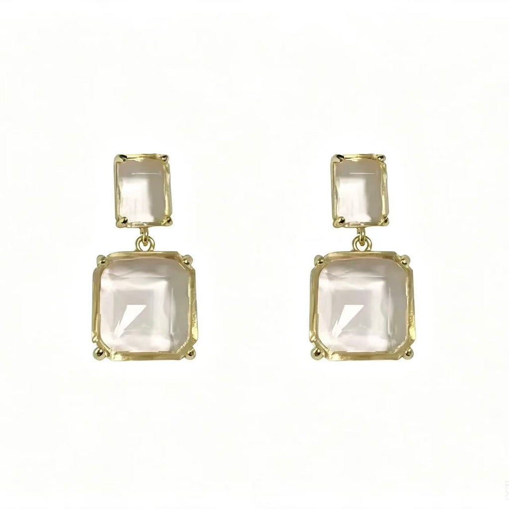 Double Square Crystal Drop Earrings with gold claw setting and clear faceted crystal