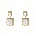 Double Square Crystal Drop Earrings with gold claw setting and clear faceted crystal