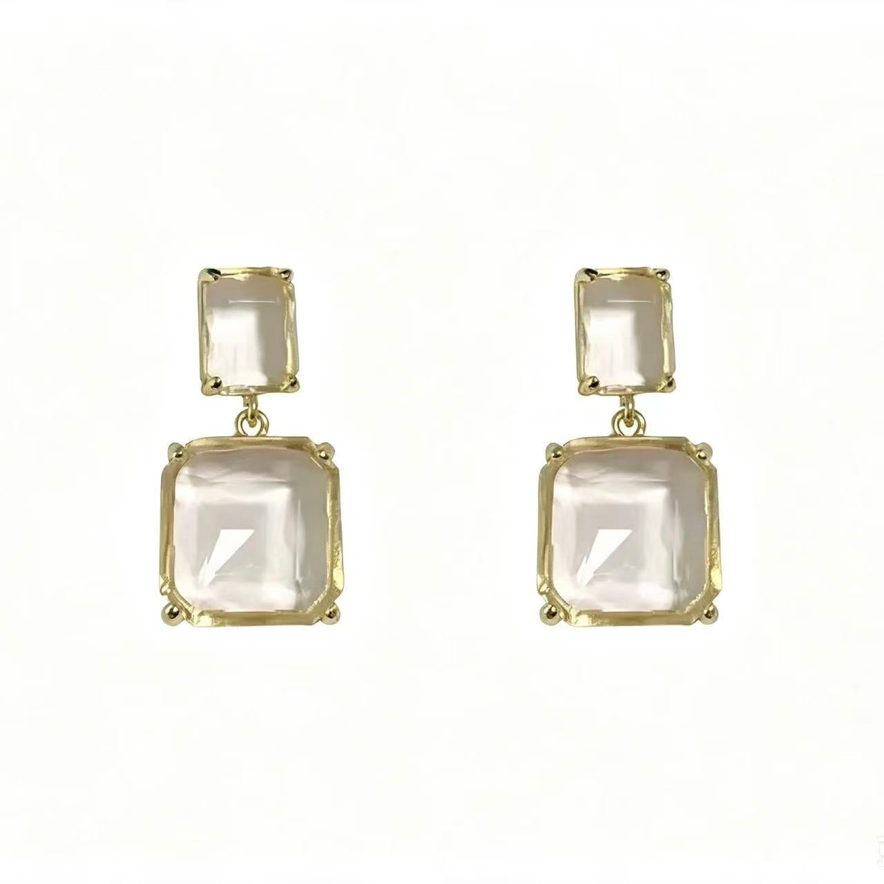 Double Square Crystal Drop Earrings with gold claw setting and clear faceted crystal