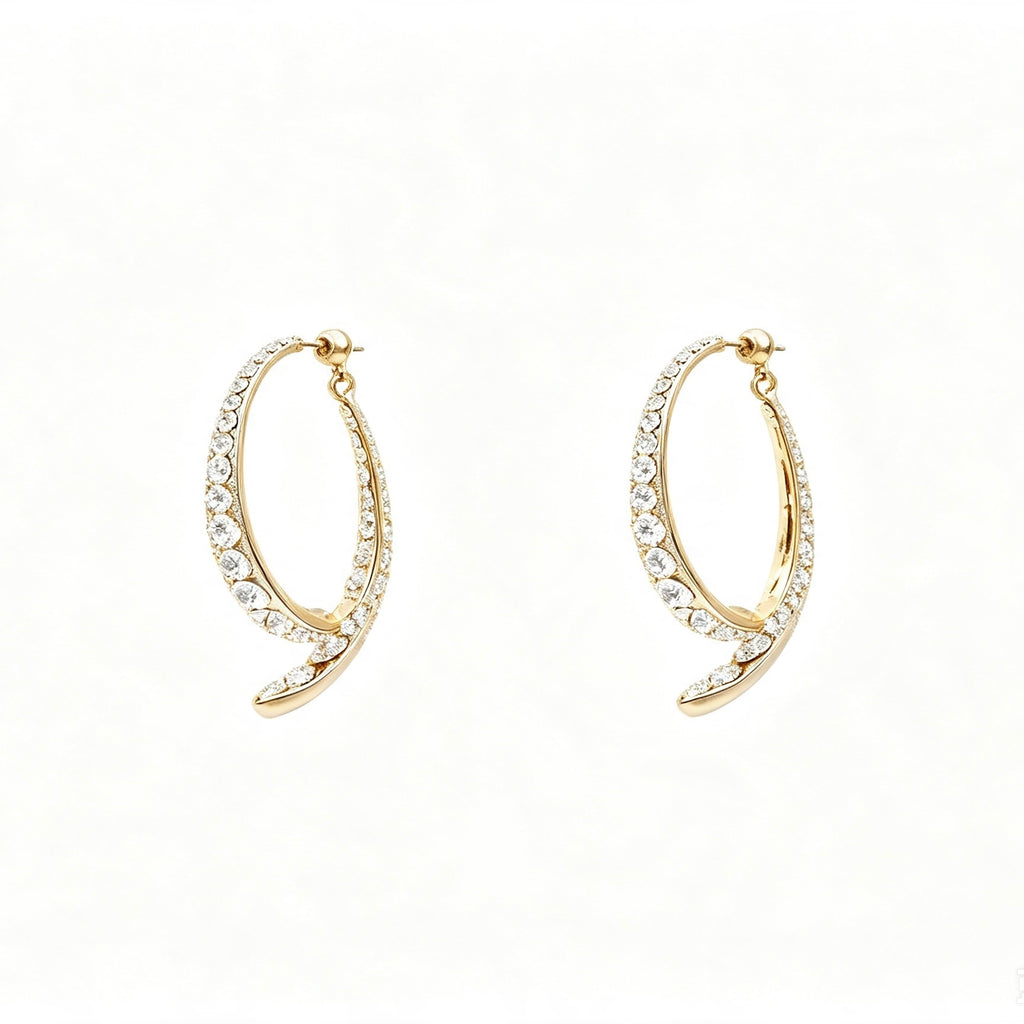 Gold Pavé Crystal Open Hoop Earrings with spiral curl tip and full zirconia setting