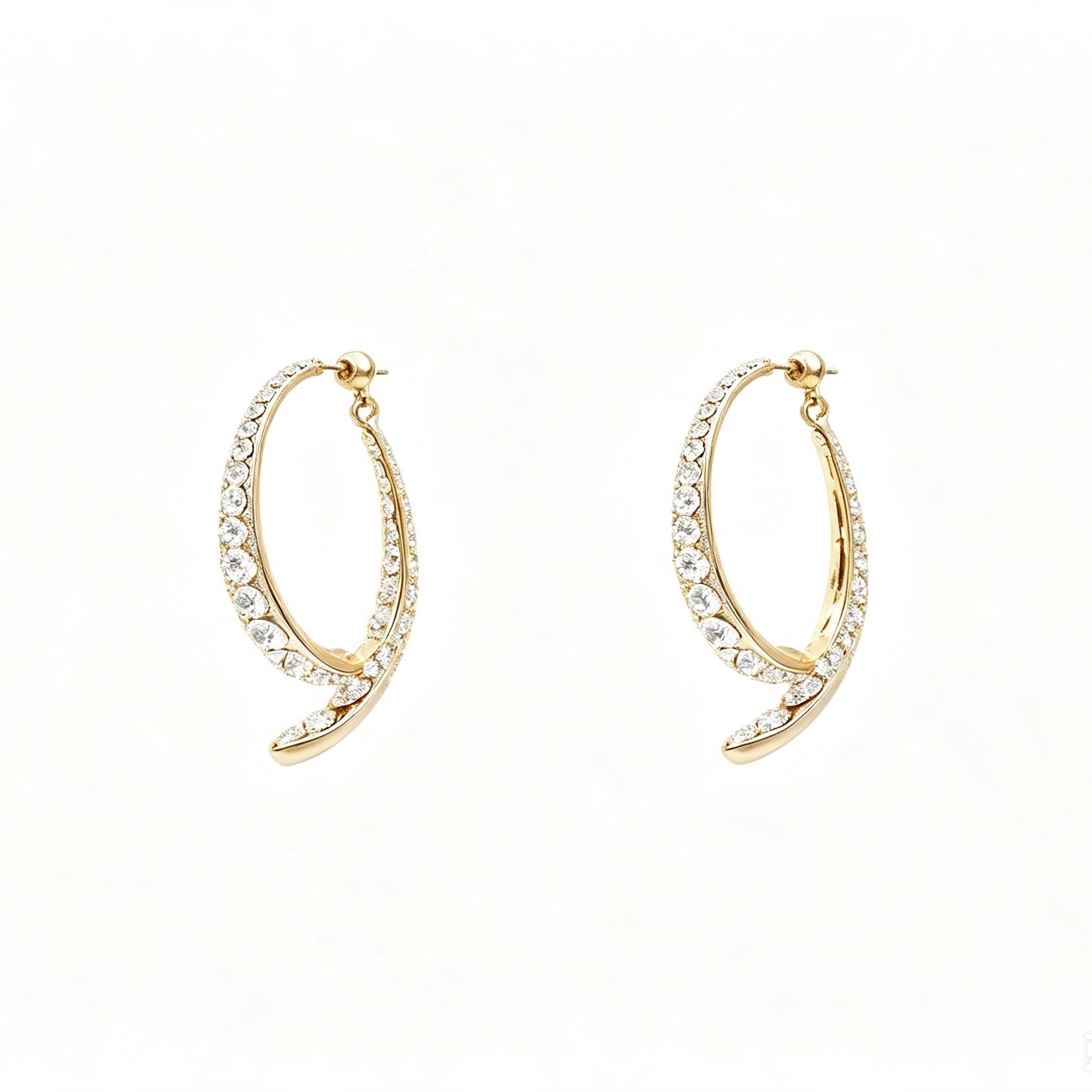 Gold Pavé Crystal Open Hoop Earrings with spiral curl tip and full zirconia setting