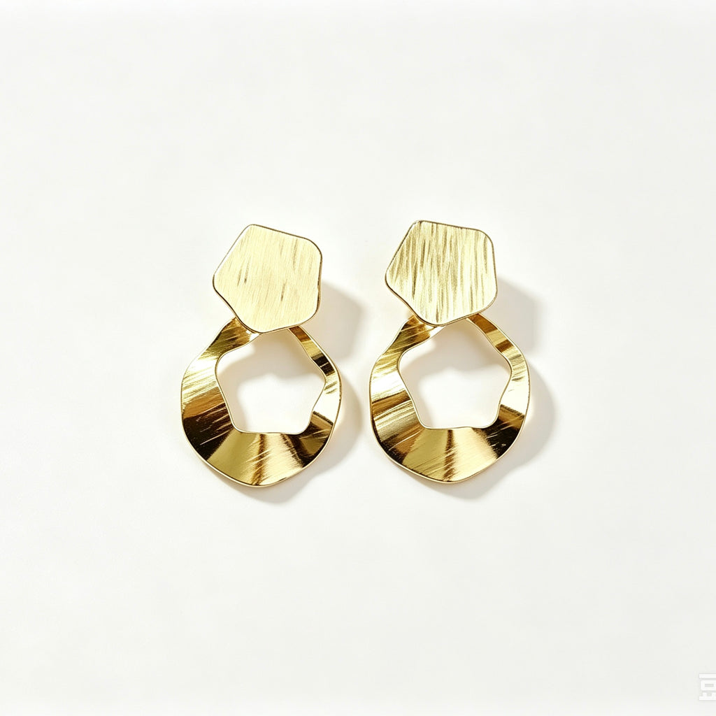 Gold Hammered Geometric Drop Earrings with pentagon stud and open circle drop