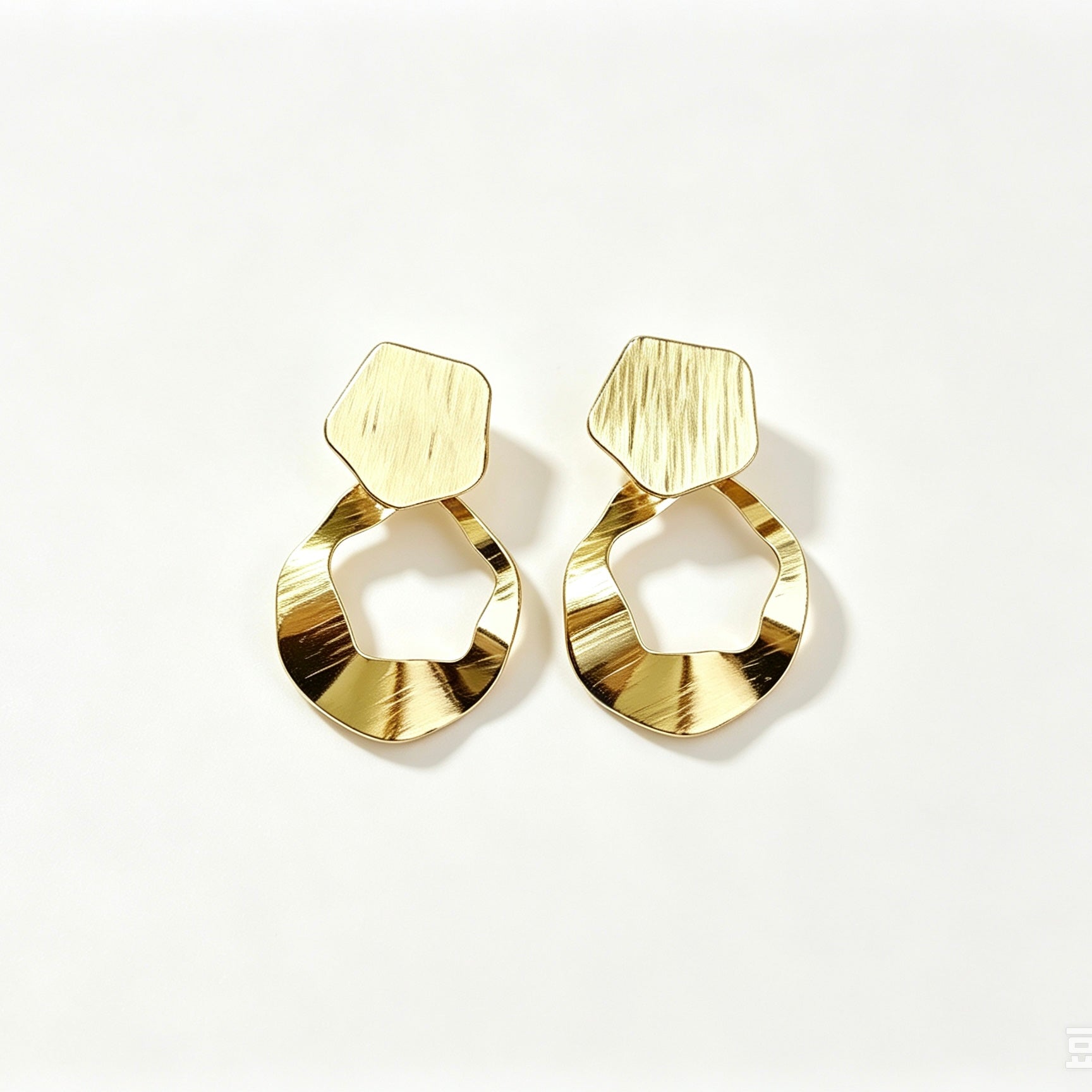 Gold Hammered Geometric Drop Earrings with pentagon stud and open circle drop