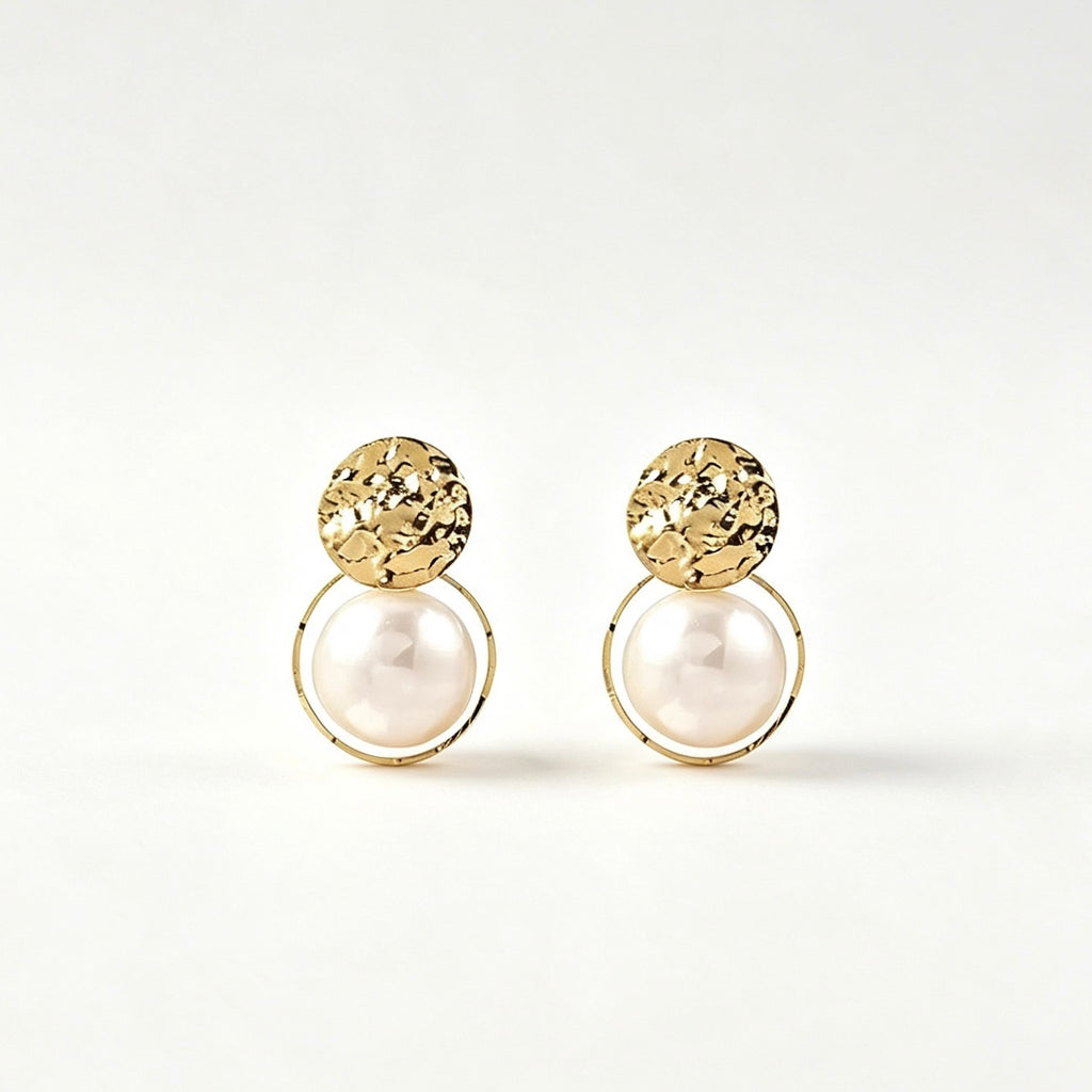 Gold Hammered Disc Pearl Drop Earrings with textured gold disc and round pearl