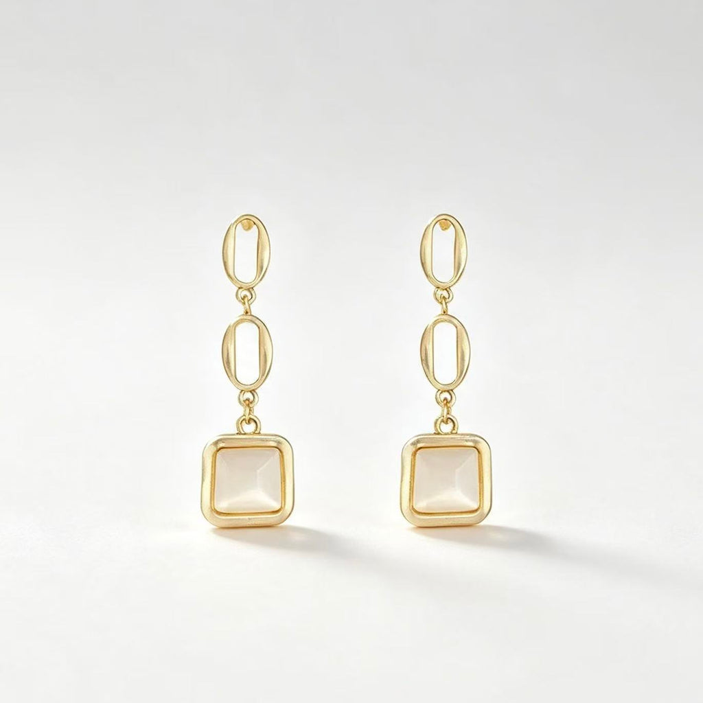 Gold Chain Link Mother of Pearl Square Drop Earrings with oval links and bezel setting