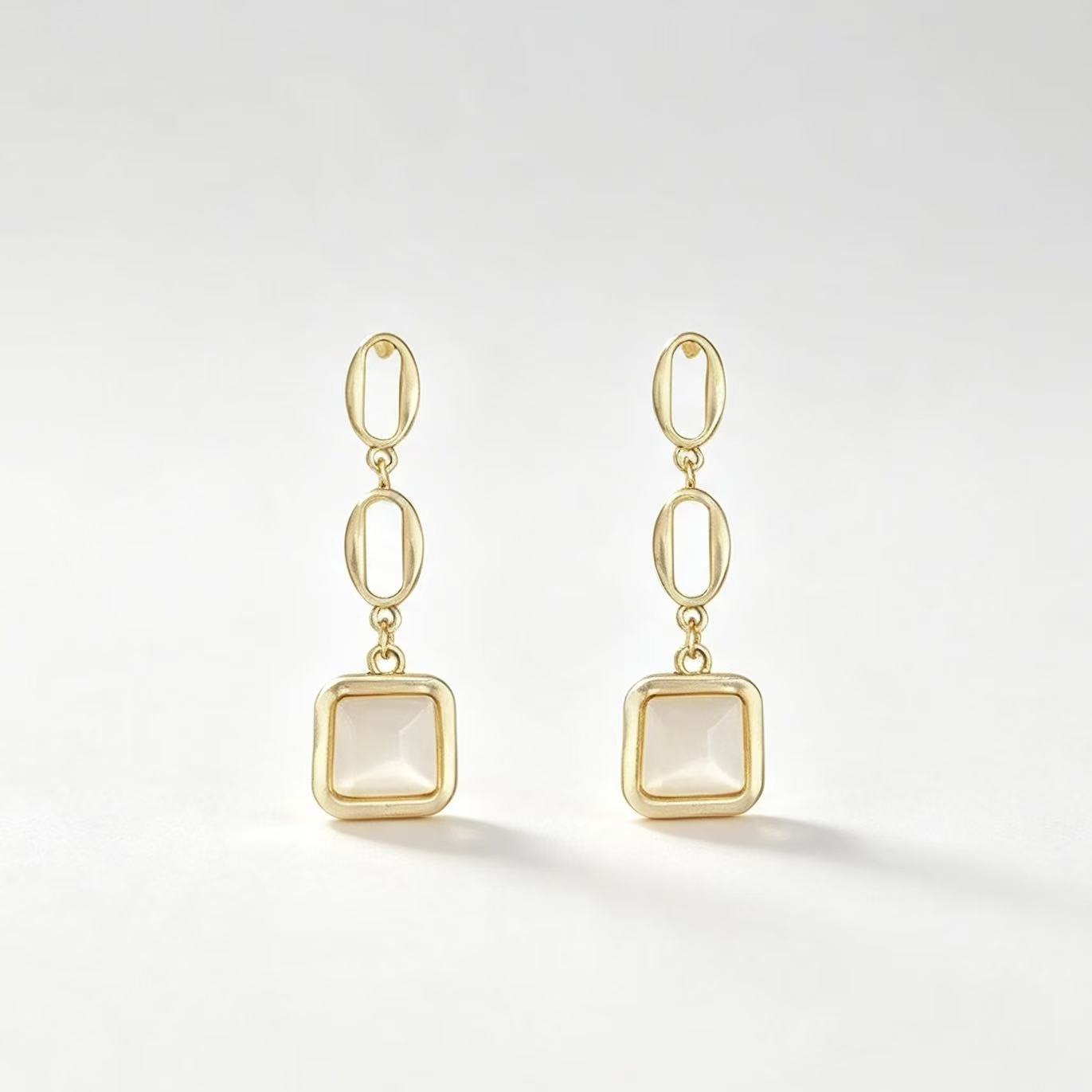 Gold Chain Link Mother of Pearl Square Drop Earrings with oval links and bezel setting