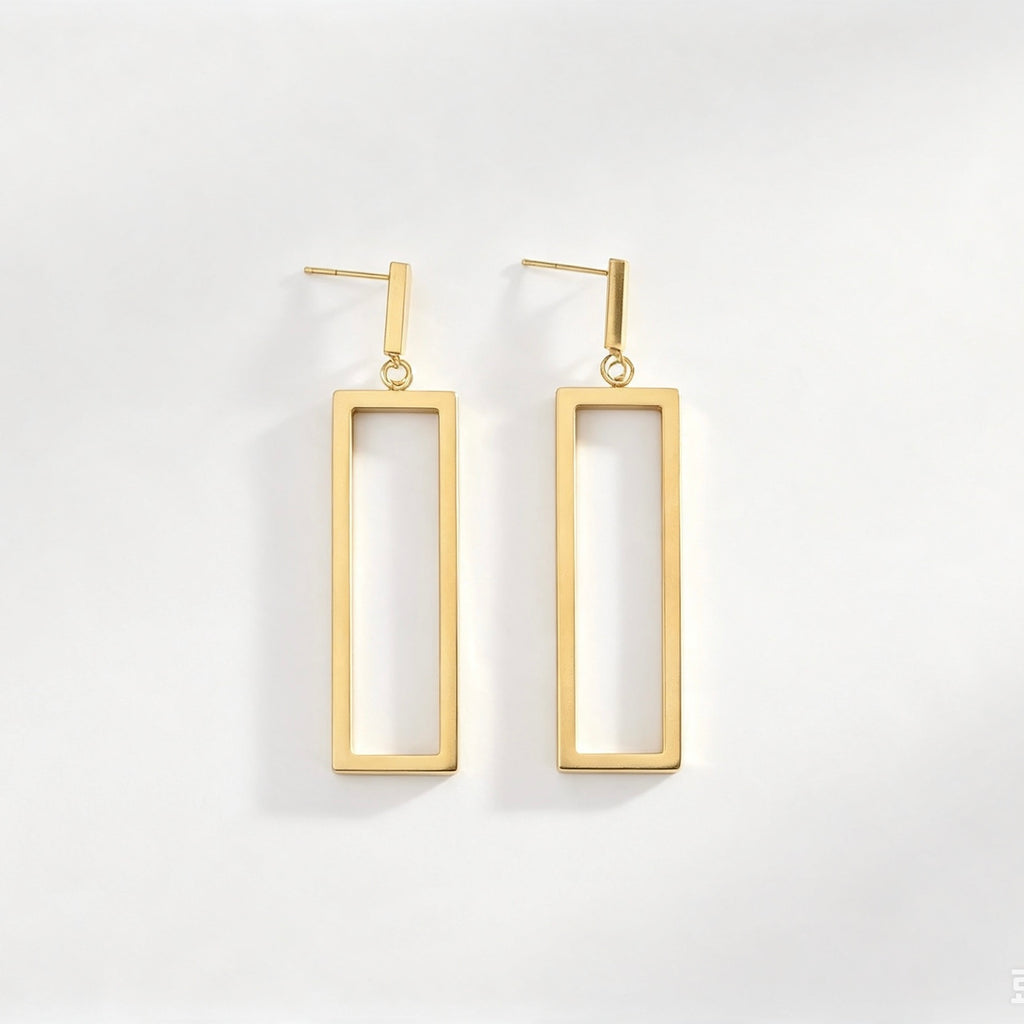 Gold Open Rectangle Bar Drop Earrings with slim bar stud and tall open frame