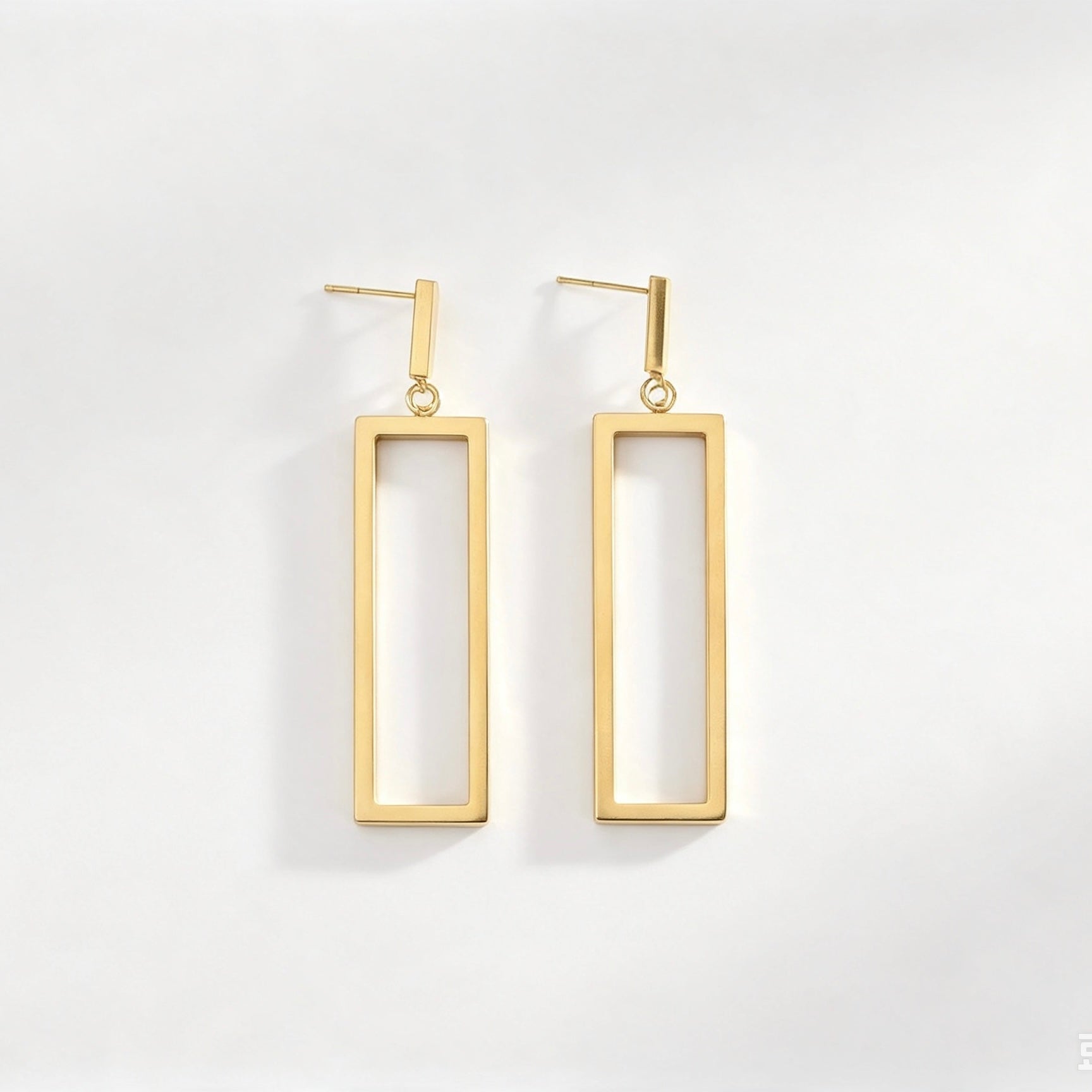 Gold Open Rectangle Bar Drop Earrings with slim bar stud and tall open frame
