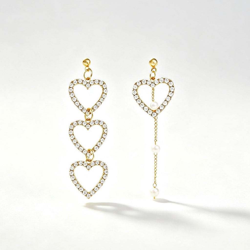 Asymmetric Triple Heart Crystal Pearl Drop Earrings with pavé hearts and pearl chain