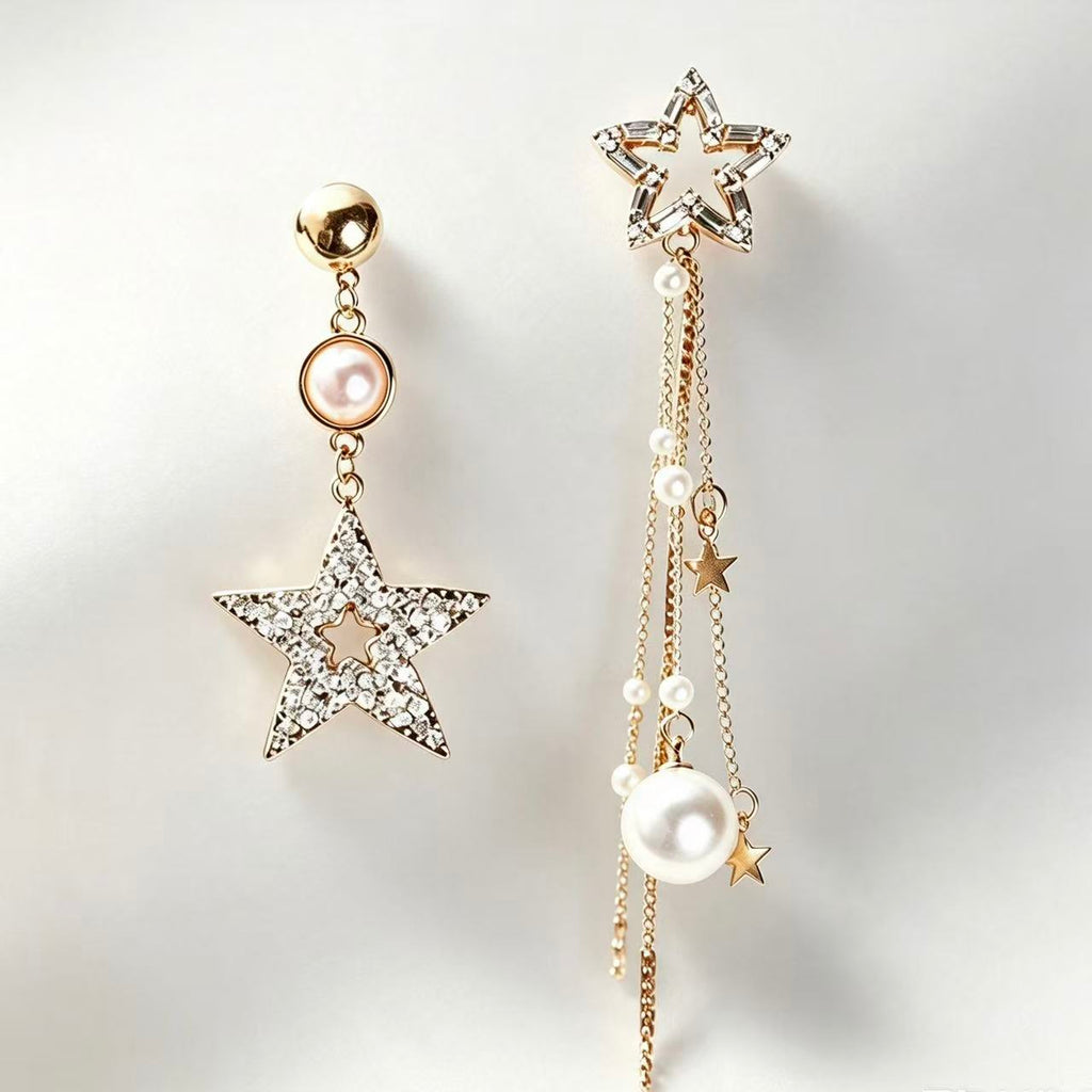 Asymmetric Star & Pearl Drop Earrings