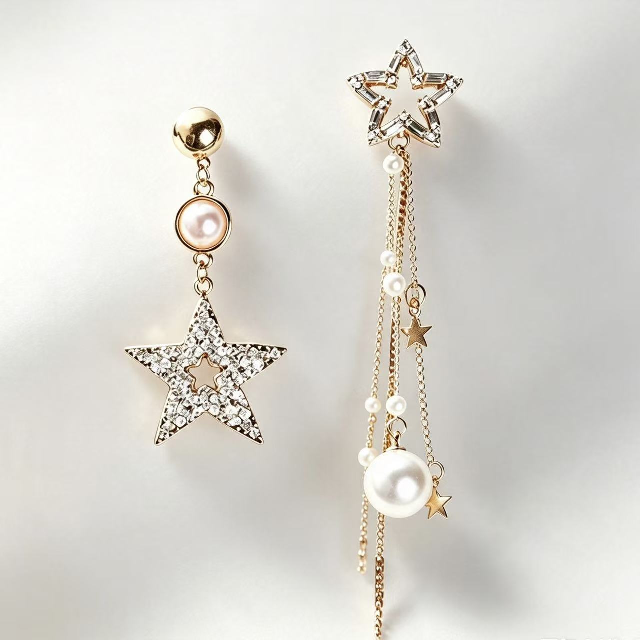 Asymmetric Star & Pearl Drop Earrings
