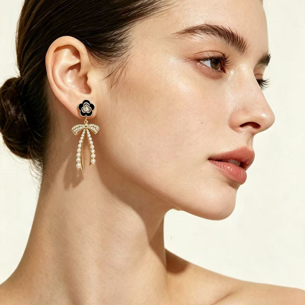 Pearl Crystal Bow Drop Earrings