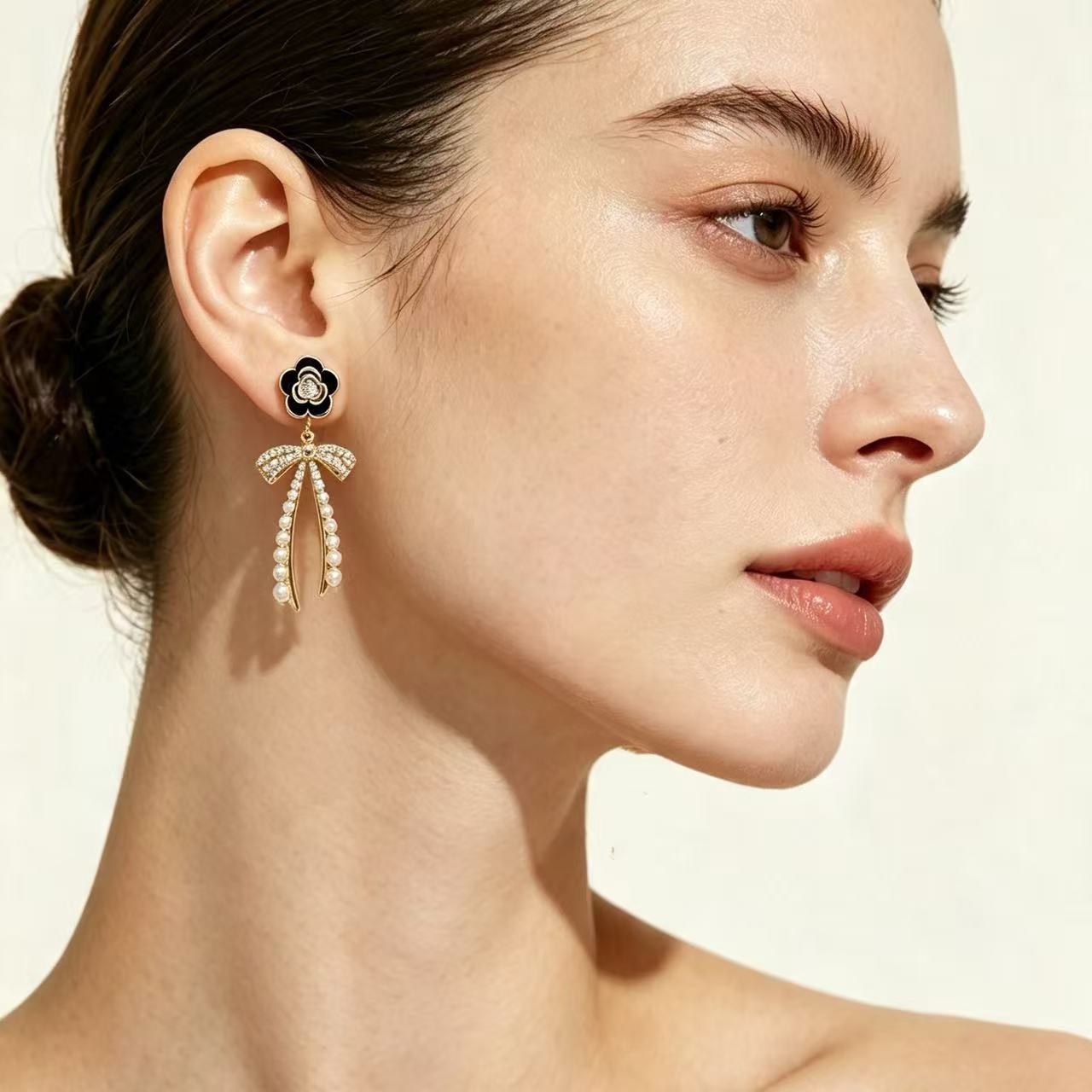 Pearl Crystal Bow Drop Earrings