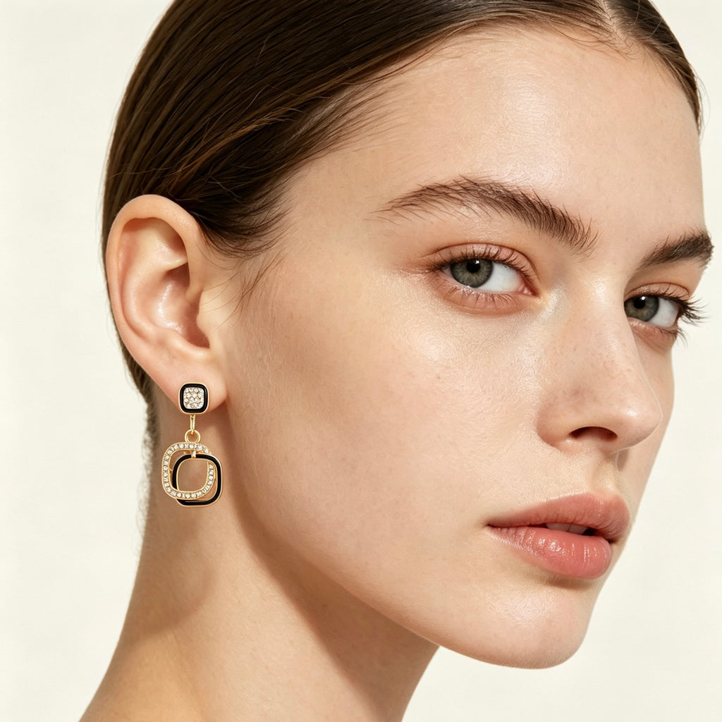 Black Enamel Crystal Square Drop Earrings