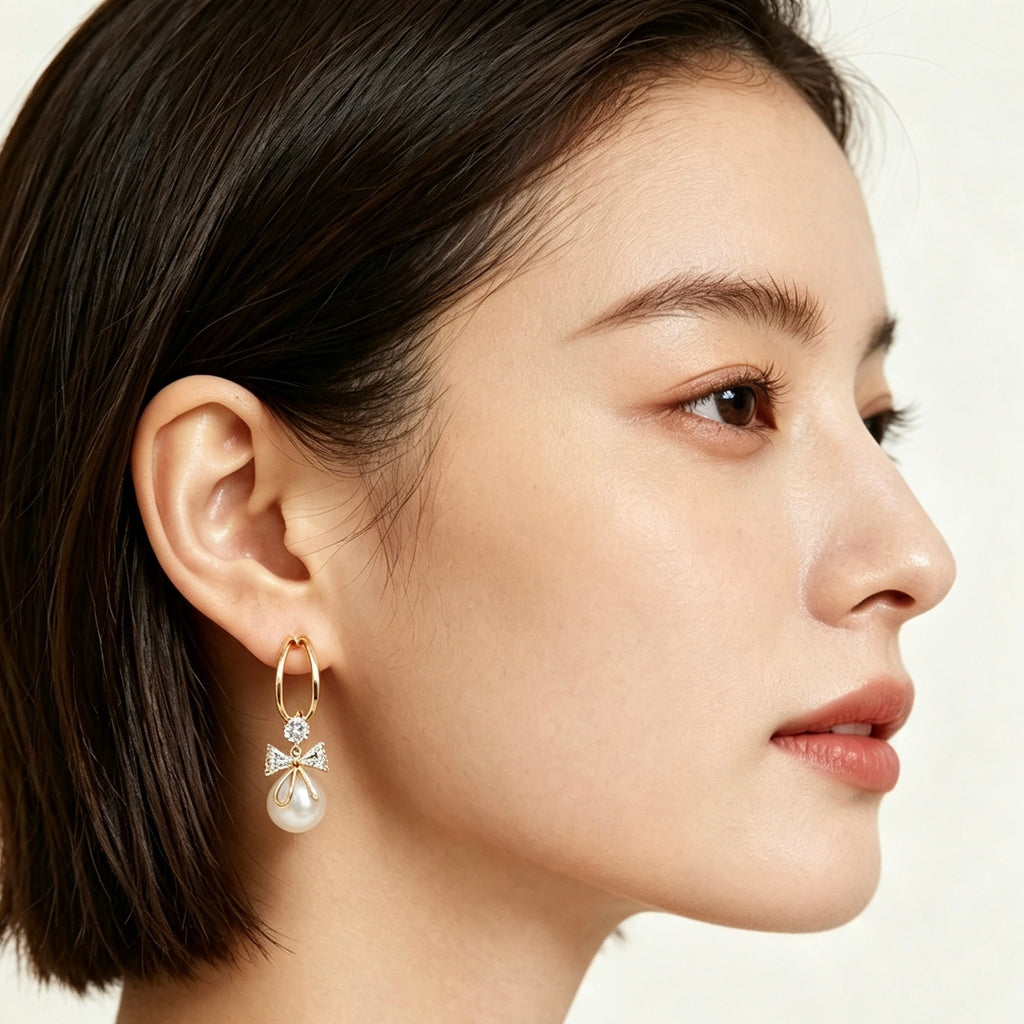 Crystal Bow Pearl Hoop Drop Earrings