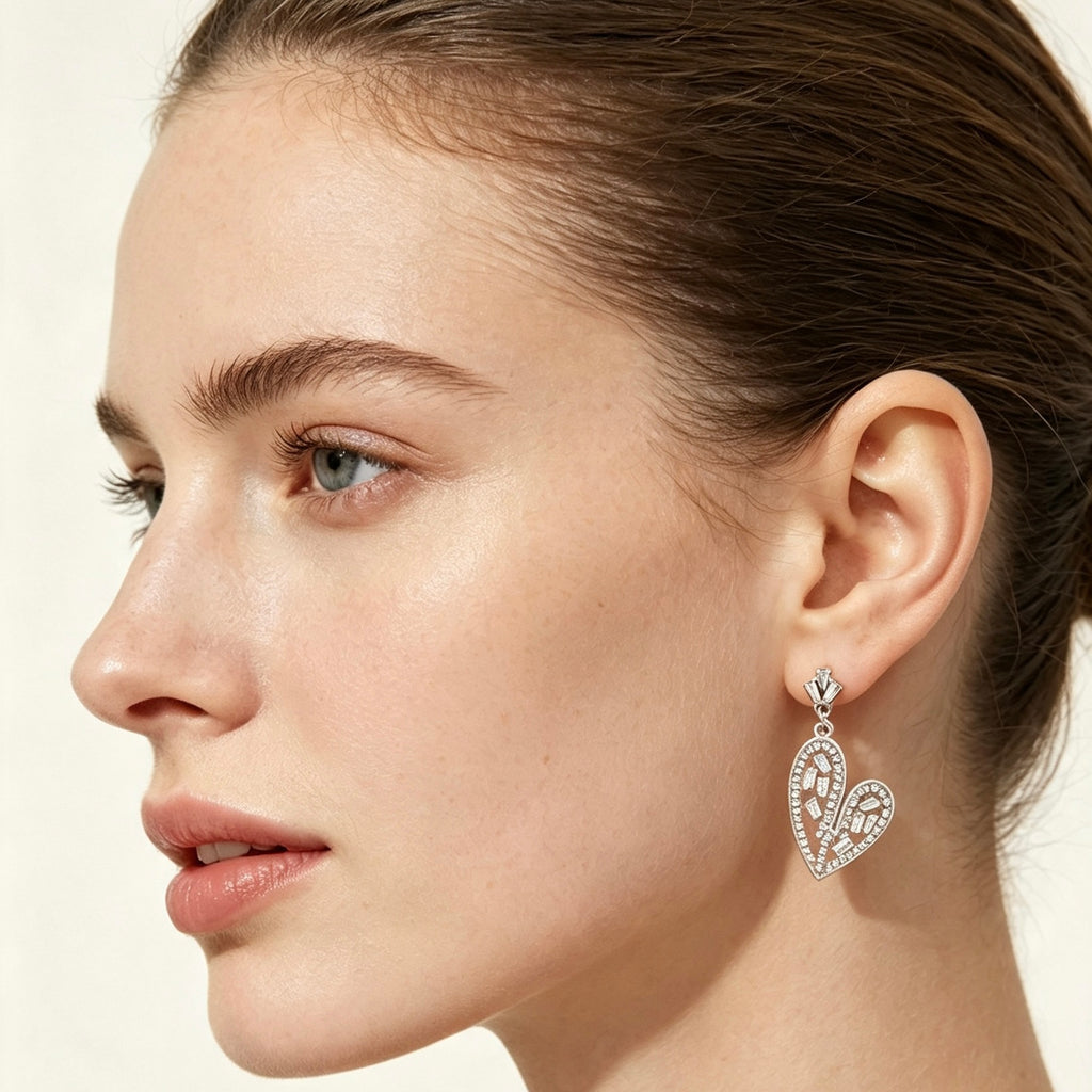 Silver Crystal Heart Drop Earrings