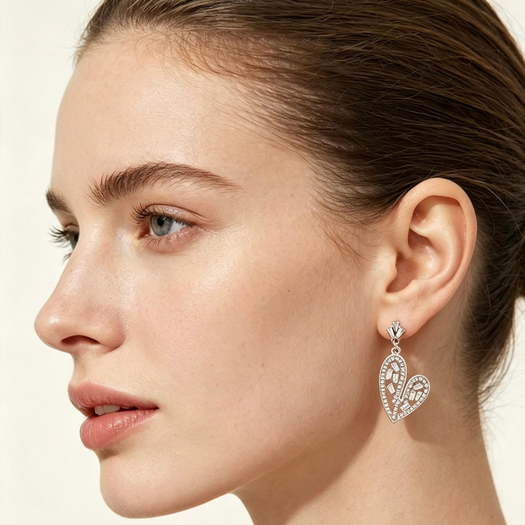 Silver Crystal Heart Drop Earrings