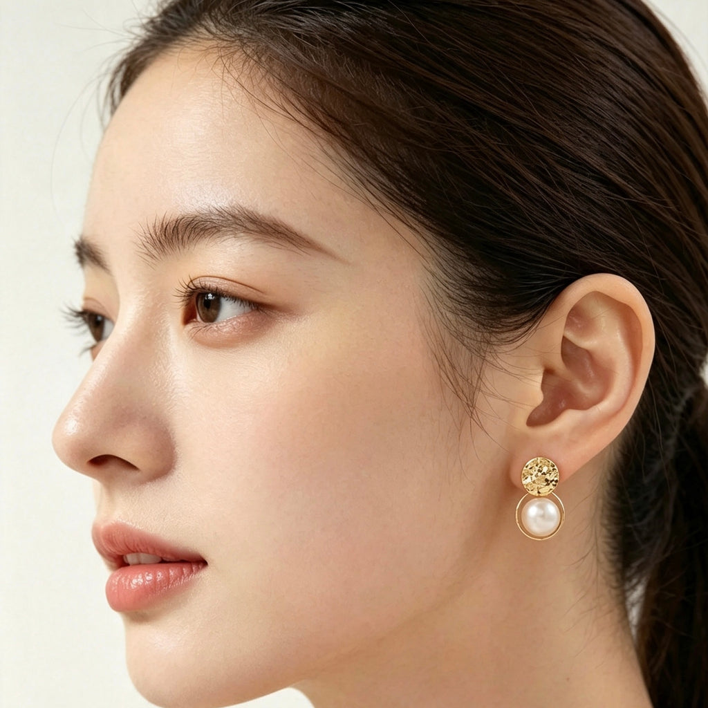 Gold Hammered Disc Pearl Drop Earrings