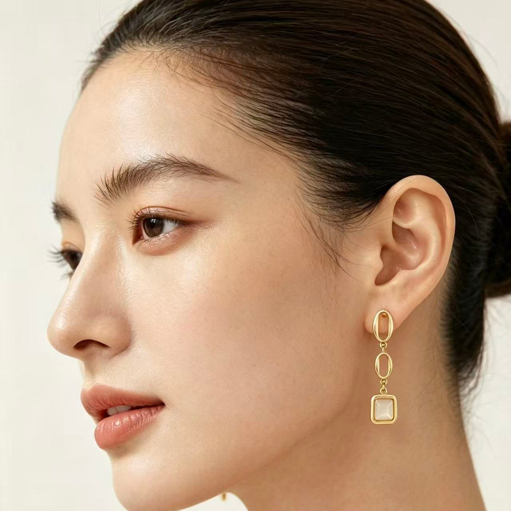 Gold Chain Link Mother of Pearl Square Drop Earrings