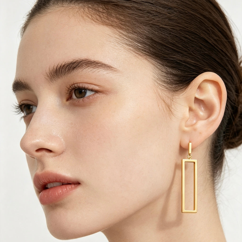 Gold Open Rectangle Bar Drop Earrings