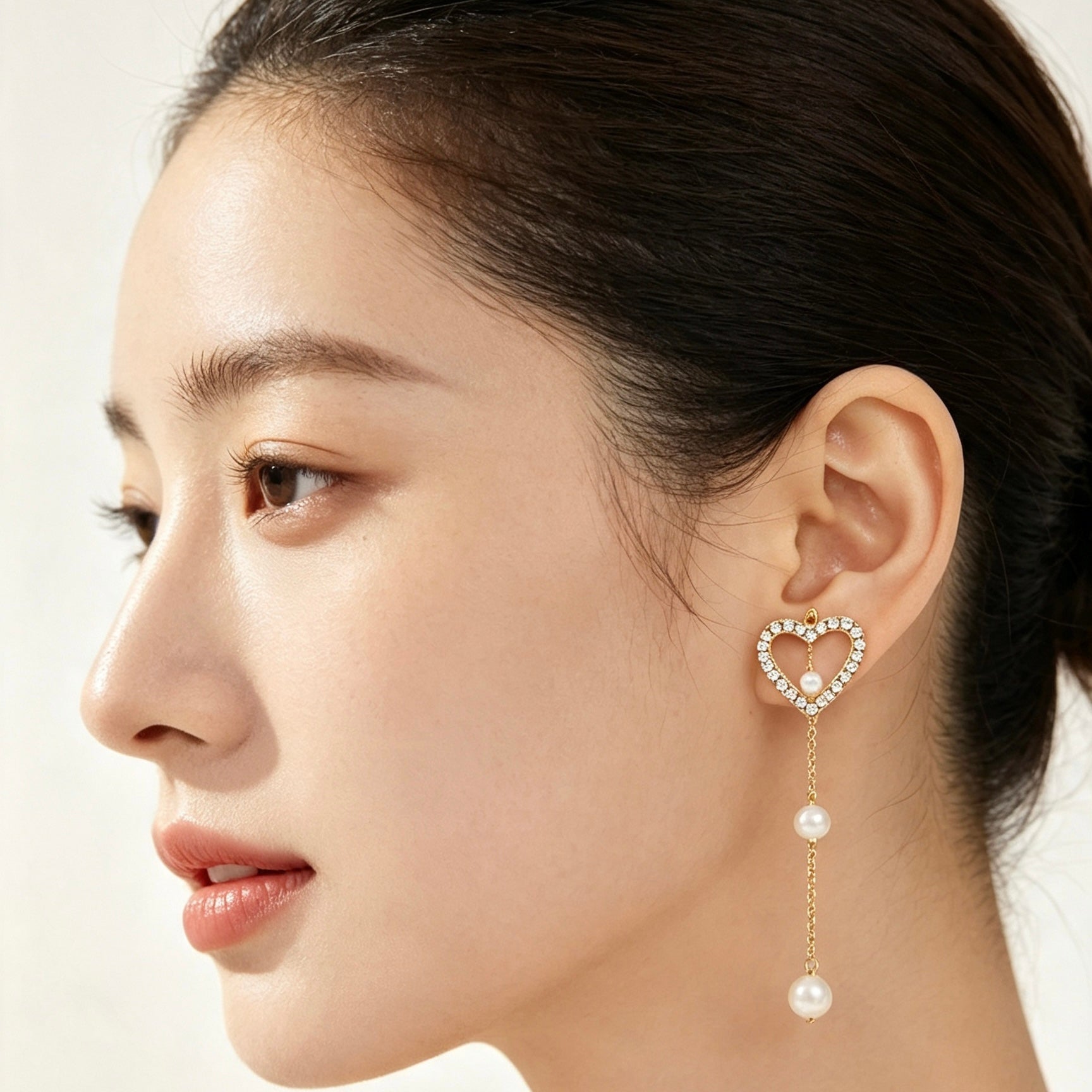 Asymmetric Triple Heart Crystal Pearl Drop Earrings