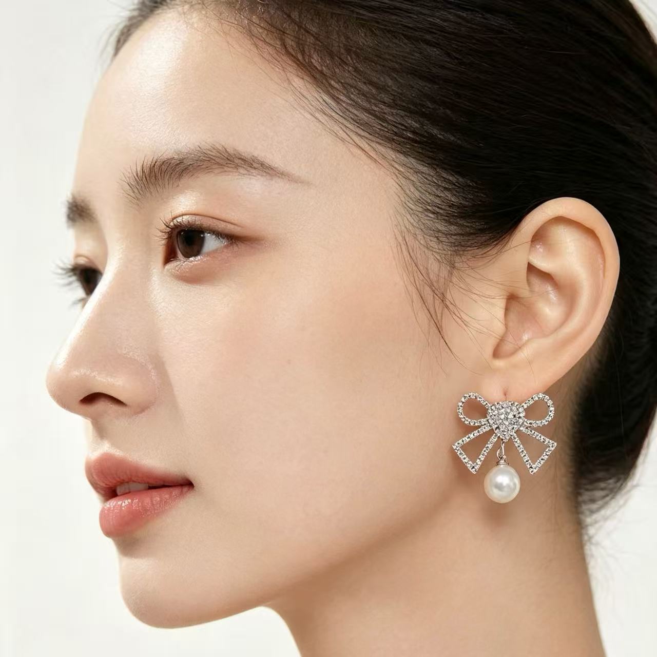 Crystal Bow Pearl Drop Earrings