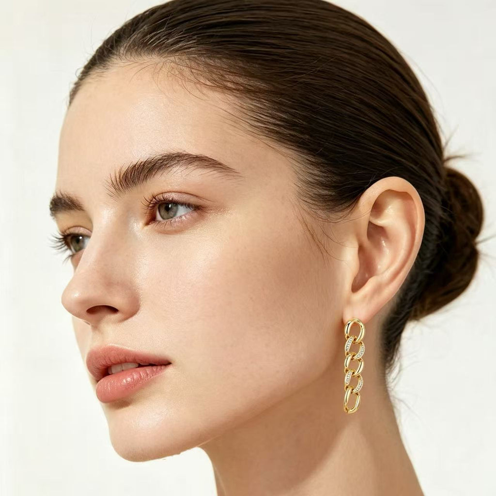 Gold Chain Link Crystal Pavé Drop Earrings