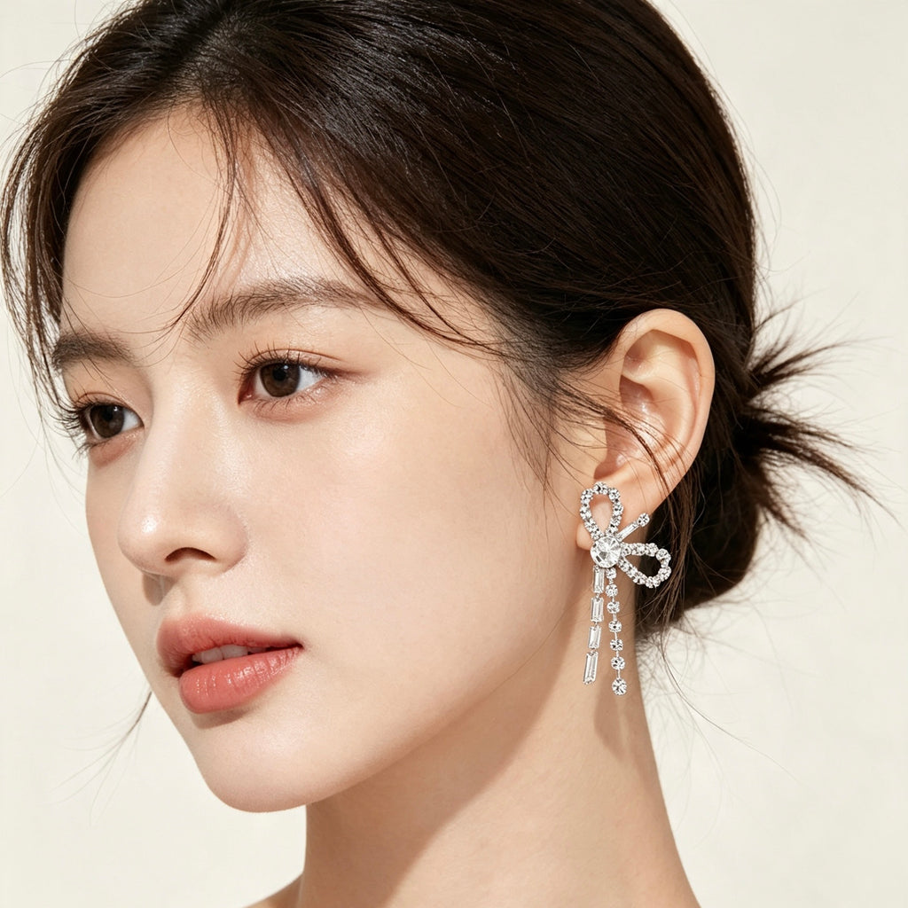 Crystal Bow Tassel Drop Earrings