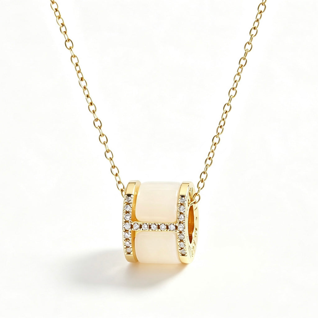 White Ceramic Pavé Crystal Barrel Pendant Necklace