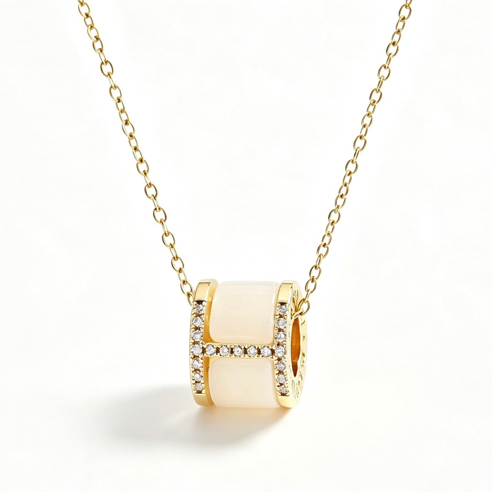 White Ceramic Pavé Crystal Barrel Pendant Necklace