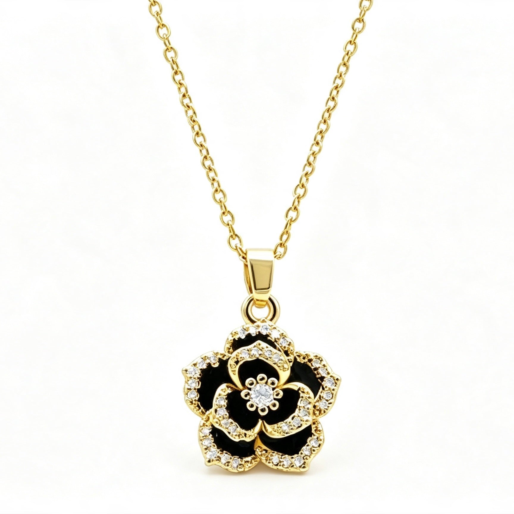 Black Camellia Crystal Pendant Necklace