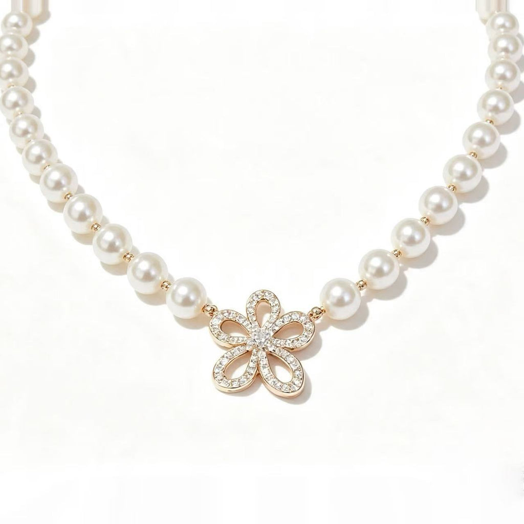 Pearl Strand Crystal Flower Necklace