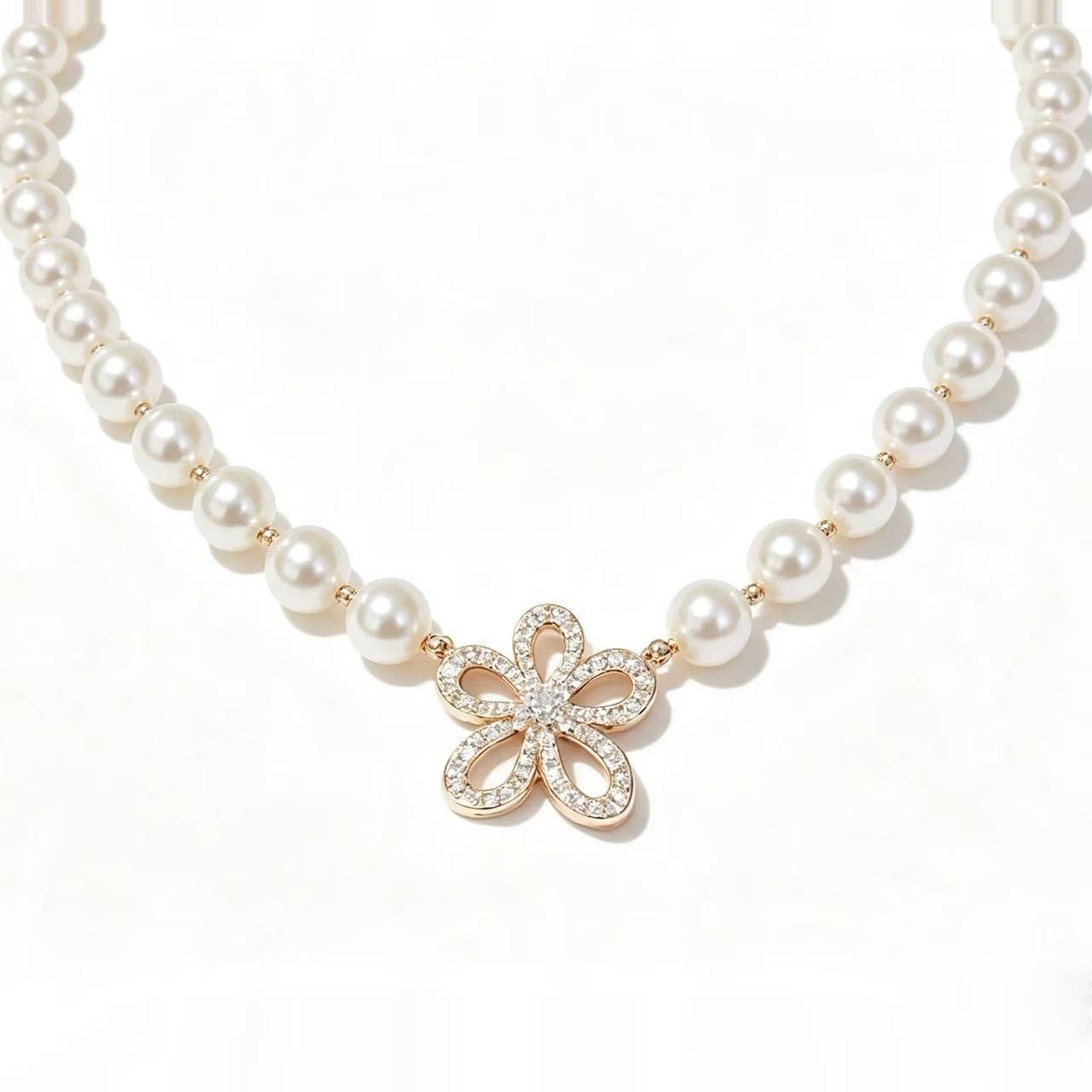 Pearl Strand Crystal Flower Necklace