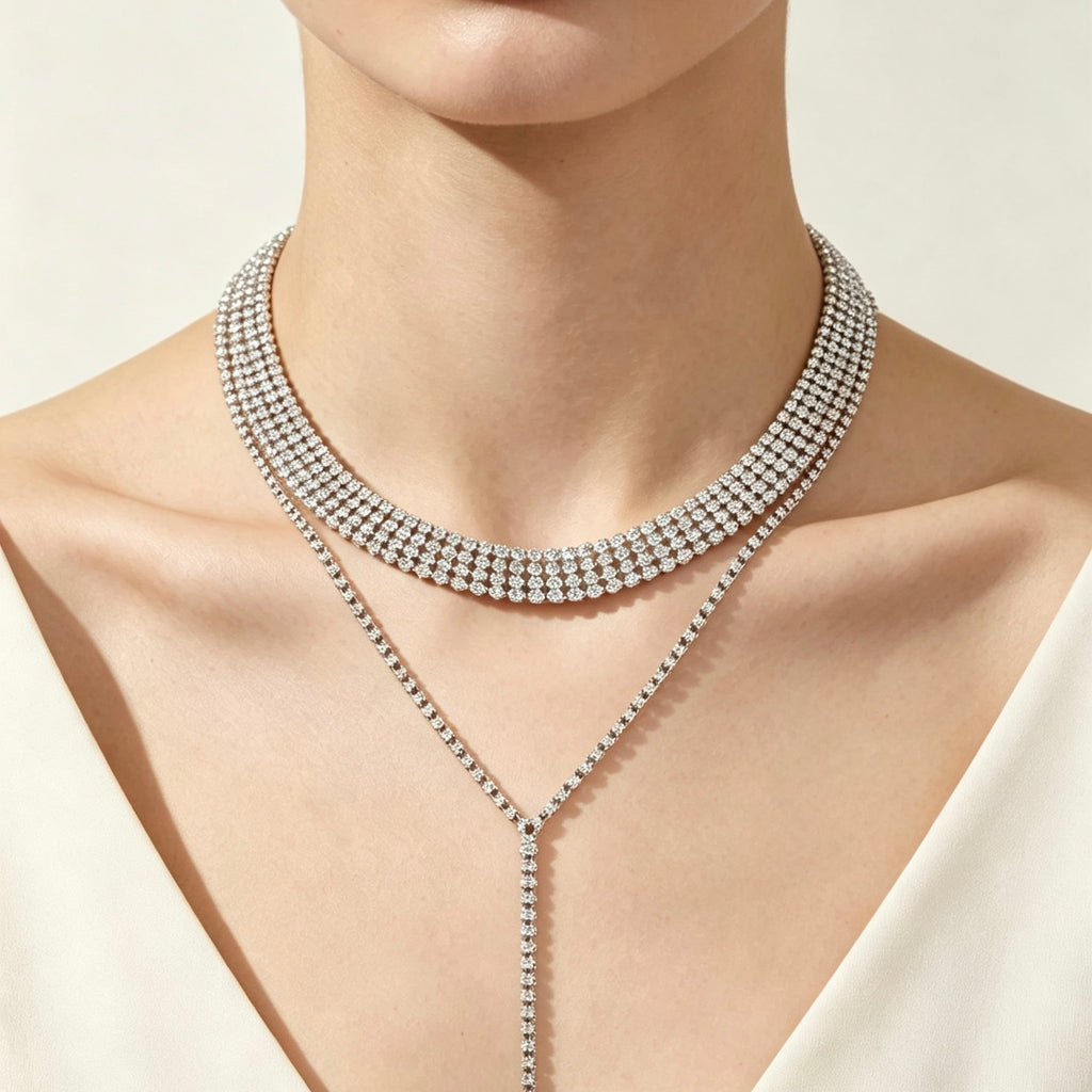 Crystal Choker & Long Tassel Necklace Set